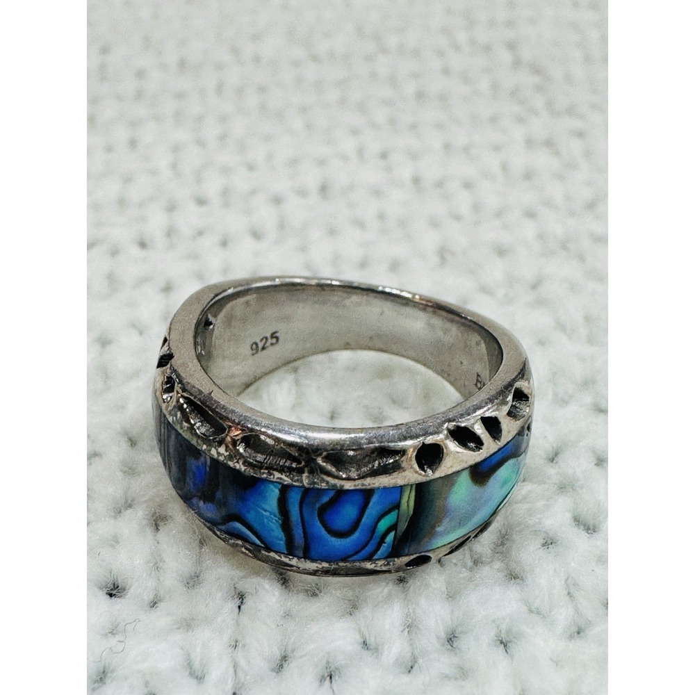 BBJ 925 Sterling Silver Abalone Shell Inlay Wide Band Ring Size 6